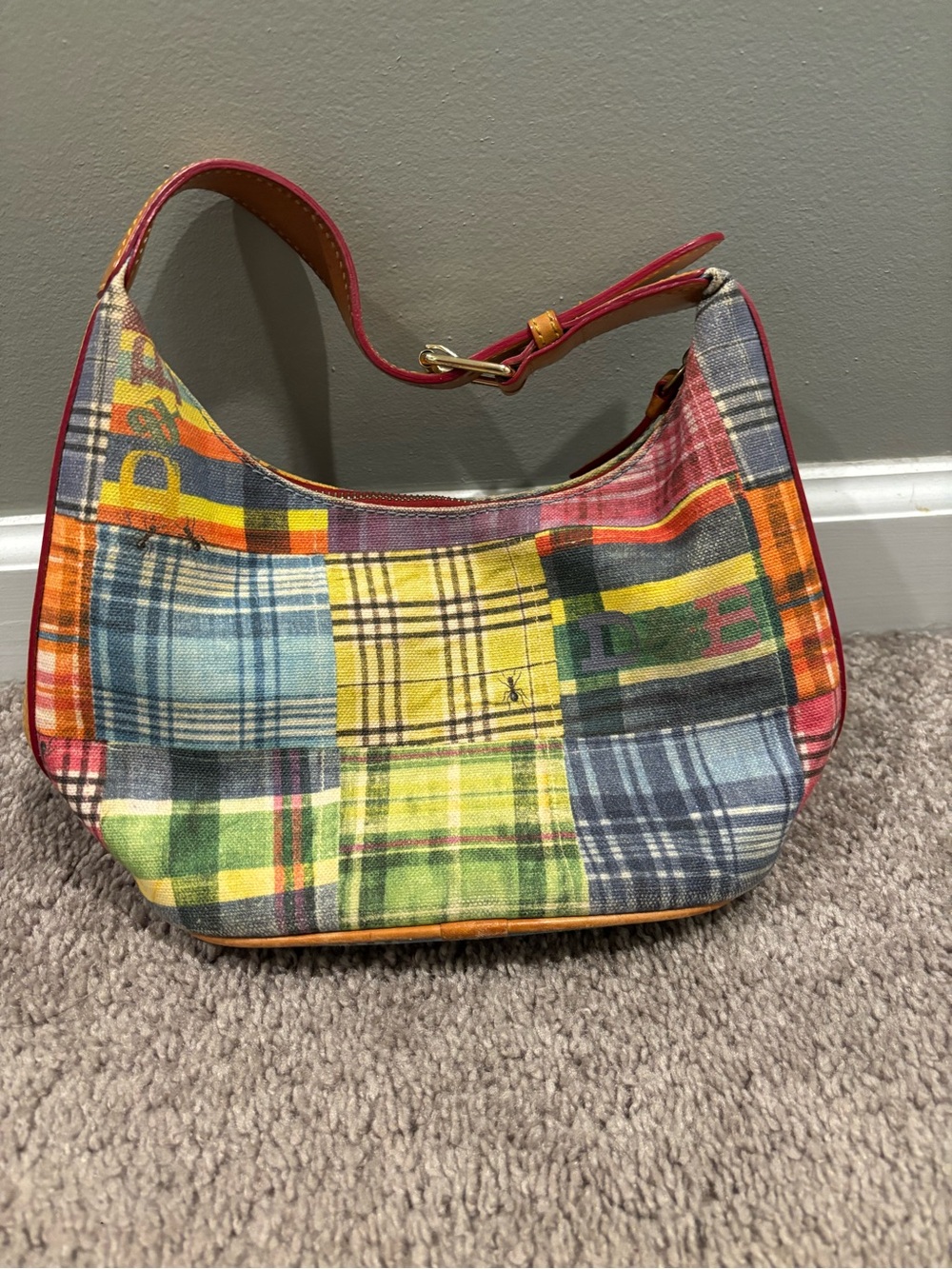 Vintage Dooney & Bourke Madras Picnic Ants Plaid Leather Shoulder Bag - Picture 3 of 9
